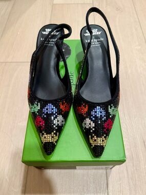 Rare Space Invaders x Kate Spade Embellished Black Slingback Kitten Heels